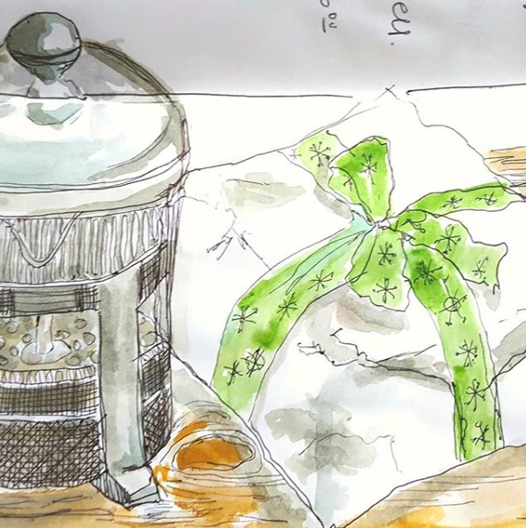 watercolor sketch by Gloria B. Collins of coffee and Christmas gift