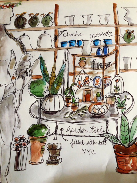 ink and watercolor sketch of garden table display in NYC