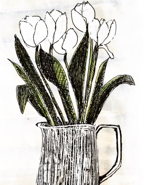 watercolor sketch of tulips in a pitcher