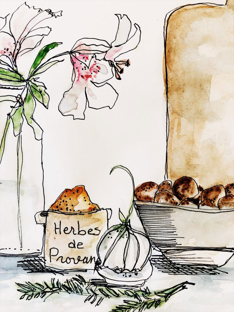 watercolor sketch of herbes de provence, garlic, and lilies