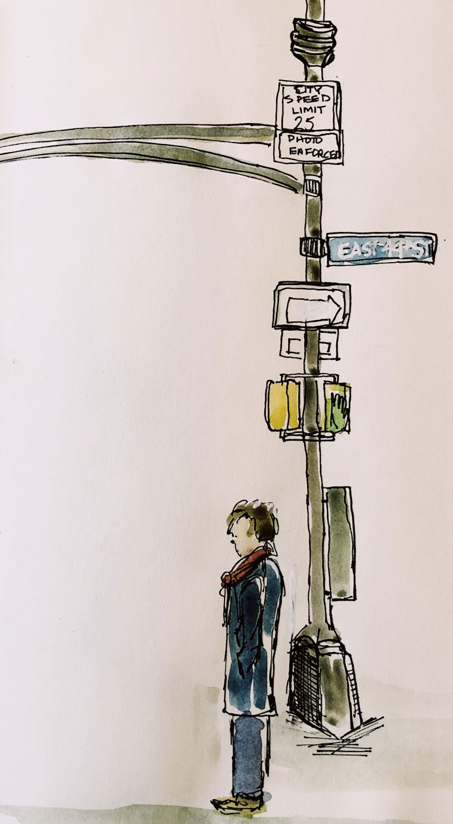 Urban watercolor sketch of a man on 49th ST. in New York City